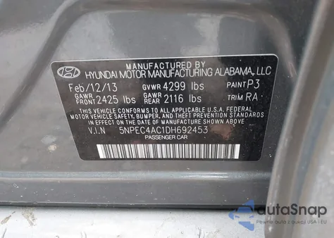 2013 Hyundai Sonata Limited from USA, damaged, VIN 5NPEC4AC1DH692453